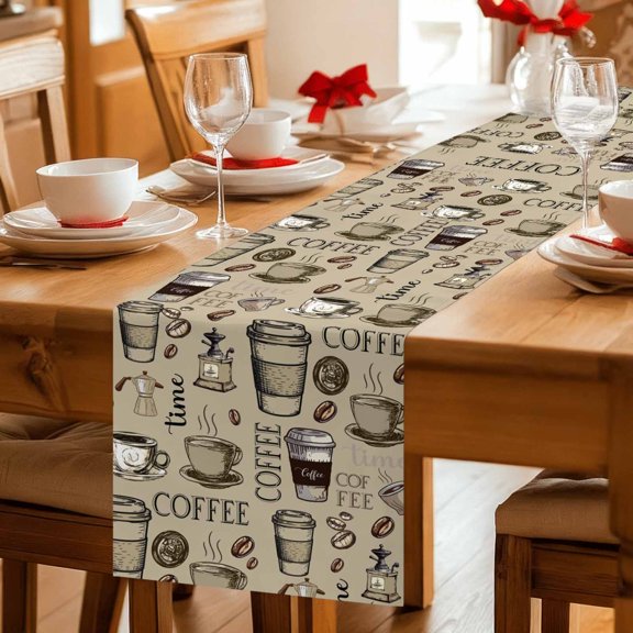 Retro Sketch Coffee Set Bean with Quote Table Runner 36 Inches Long,Kitchen Dining Tablerunners Aromatic Drink on Khaki Linen Table Runners Dresser Scarves for Home Dinner Wedding Holiday Party Decor
