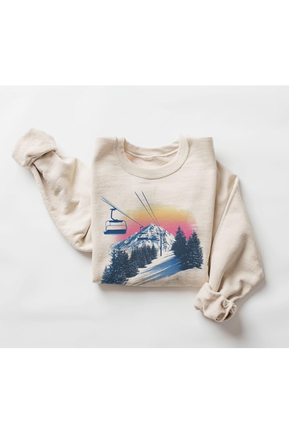 Retro Ski Lift Sunset Sweatshirt - Vintage Mountain Skiing & Snowboarding Pullover - Winter Lodge Cabin Crewneck - Ski Resort 90s Style Gift