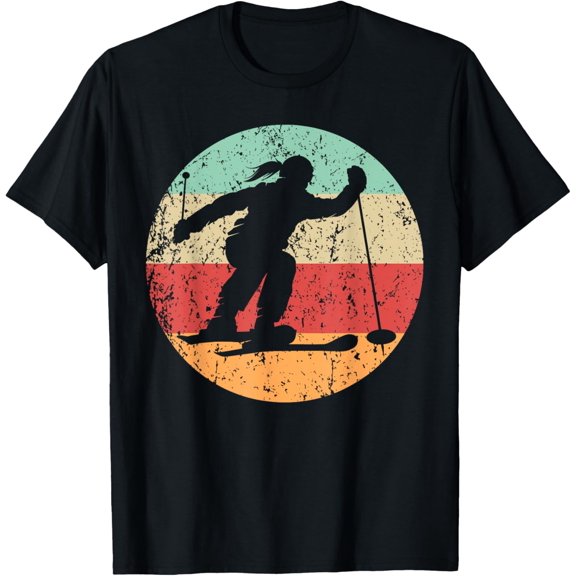 Retro Skier Female Athlete Skiing Girls Sports T-Shirt men and women can wear, black, white, gifts