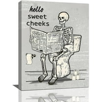 Retro Skull Bathroom Decor Wall Art Funny Gothic Skeleton Bathroom Toilet Sign Pictures Canvas Print Vintage Halloween Bathroom Decor Modern Goth Home Painting Framed Ready To Hang 12x16 in