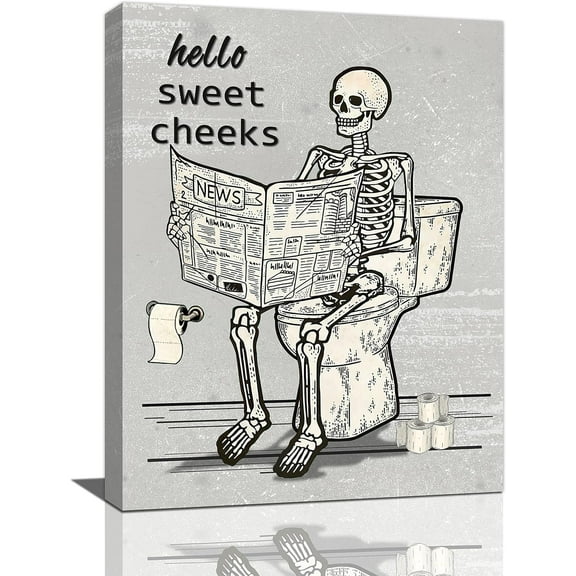 Retro Skull Bathroom Decor Wall Art Funny Gothic Skeleton Bathroom Toilet Sign Pictures Canvas Print Vintage Halloween Bathroom Decor Modern Goth Home Painting Framed Ready To Hang 12x16 in