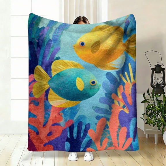 Retro Skull Cross Flannel Blanket Comfortable , Guest Room, All Seasons Use, Festive Themed Decorative With Fish And Leaf Print.