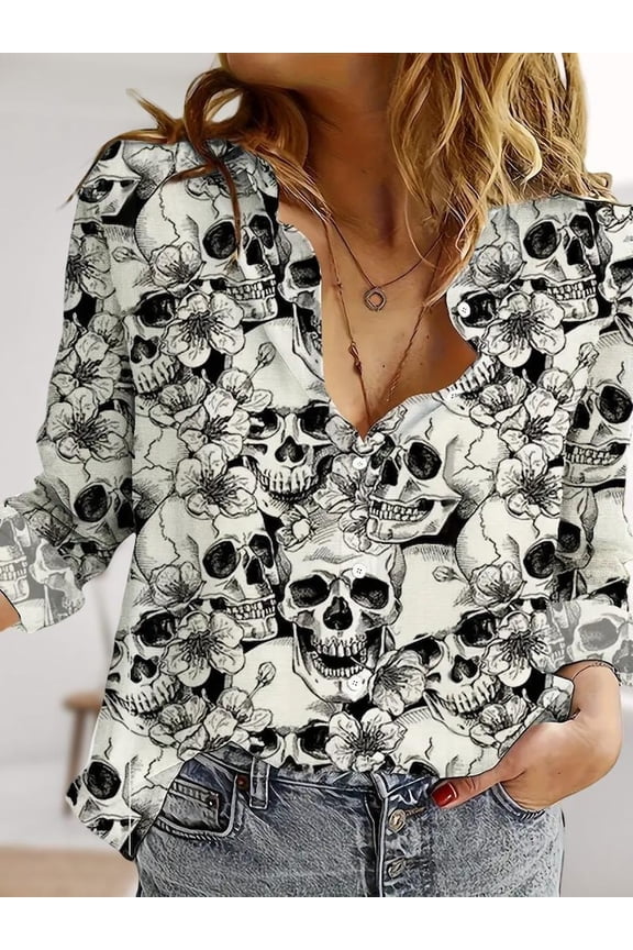 Retro Skull Floral Linen-Look Shirt, Halloween Skull Blouse Shirt, Gothic Casual Shirt For Women, Spooky Button Down Shirt For Holiday