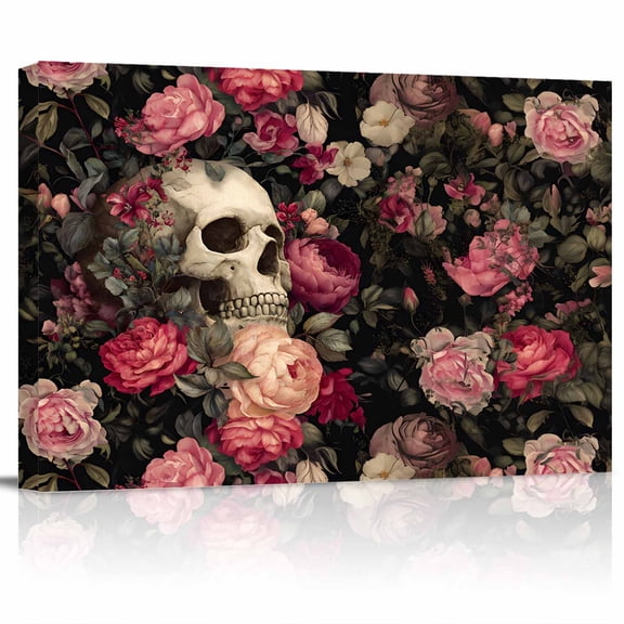 Retro Skull Head Canvas Print Wall Art Pink Rose Vintage Flower Leaf Horror Pictures Painting Morden Artwork for Living Room Bedroom, Ready to Hang - 12"x16"