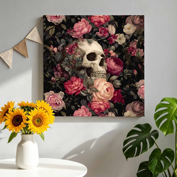 Retro Skull Head Canvas Wall Art, Pink Rose Vintage Flower Leaf Horror Framed Canvas Wall Decor Picture Print Artwork Decorations for Living Room Office Ready to Hang 8" x 8"