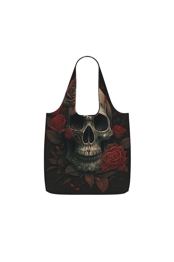 Retro Skull Head Red Rose Foldable Reusable Shopping Bag Large Capacity Tote Handbag Storage Pouch for Travel Work