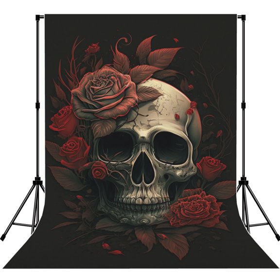Retro Skull Head Red Rose Photography Backdrop 5x7Ft Background for Photo Studio Video Recording Birthday Party Wedding Home Decor