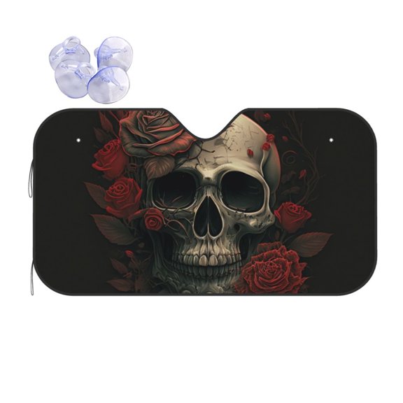Retro Skull Head Red Rose Reflective Car Windshield Sunshade, UV Ray Reflector Sun Visor Universal Fit for SUVs, Trucks, Sedans,M