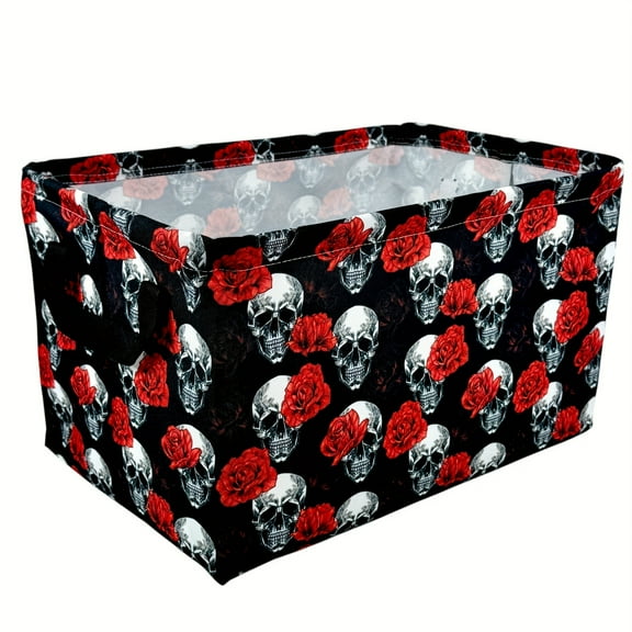 Retro Skull and Red Flower Print Large Foldable Laundry Basket with Handle - Durable Polyester Fiber Storage Basket, Suitable for Bedroom, Bathroom, Toy and Clothing Organization