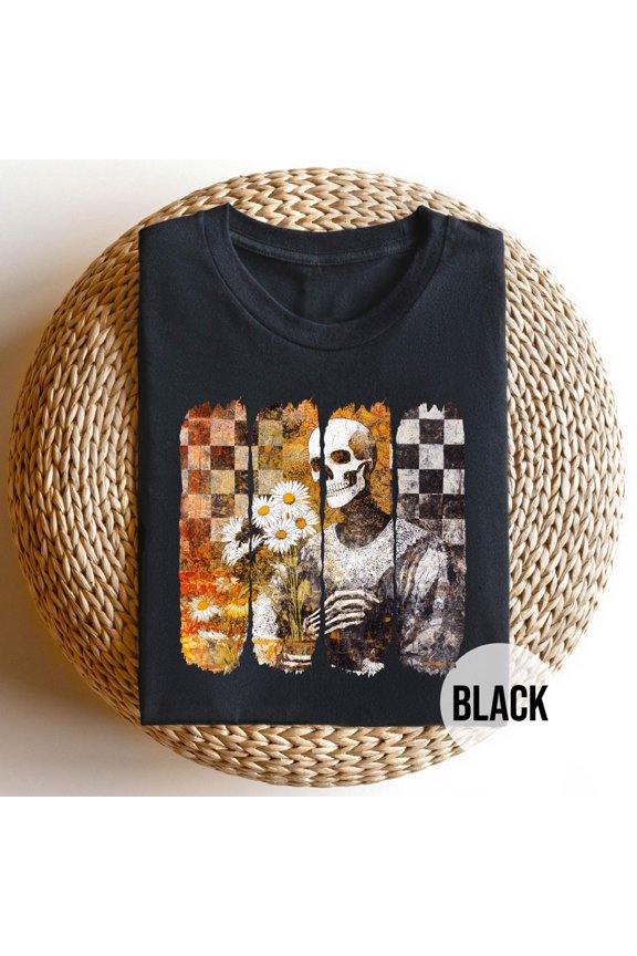 Retro Skull TShirt Distressed Floral Gothic Tee Halloween Graphic Shirt Rock Punk Top Alte