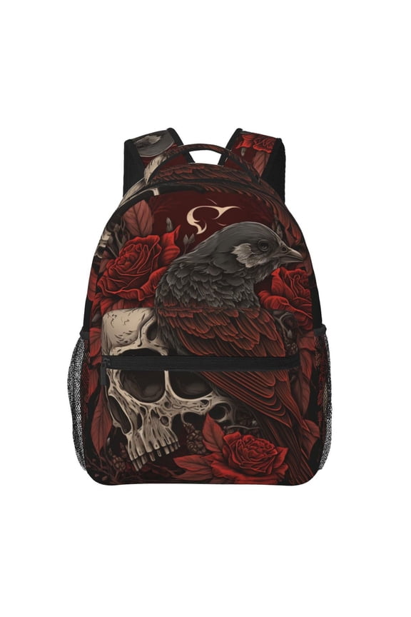 Retro Skulls Roses Raven Backpack Casual College Bag Zipper Laptop Daypack Hiking Rucksack Travel