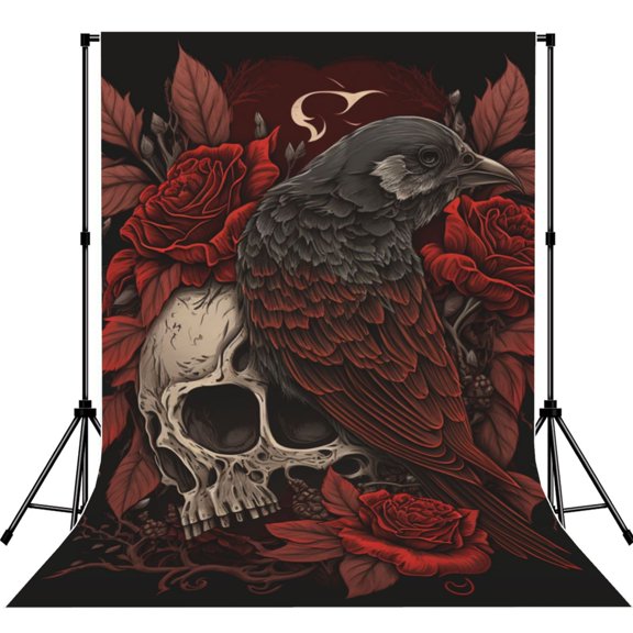 Retro Skulls Roses Raven Photography Backdrop 5x7Ft Background for Photo Studio Video Recording Birthday Party Wedding Home Decor