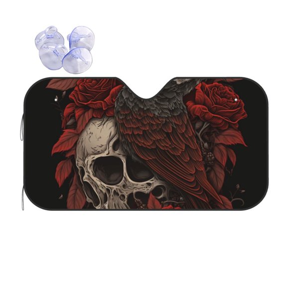 Retro Skulls Roses Raven Reflective Car Windshield Sunshade, UV Ray Reflector Sun Visor Universal Fit for SUVs, Trucks, Sedans,M