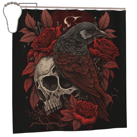 Retro Skulls Roses Raven Shower Curtain with 12 Iron Hooks Washable Polyester Fabric Bathroom 72x72 Inch