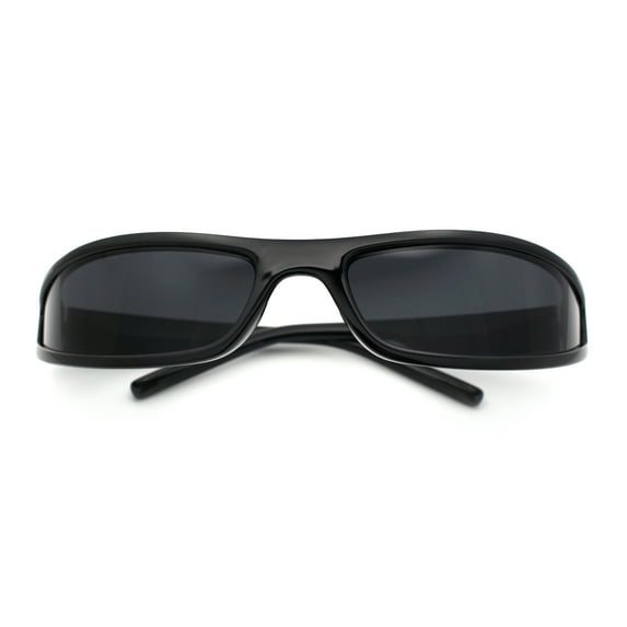 Retro Slit Thin Narrow Rectangle Curved Wrap Sport Plastic Sunglasses All Black