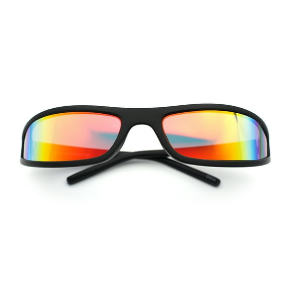 Retro Slit Thin Narrow Rectangle Curved Wrap Sport Plastic Sunglasses Matte Black - Rainbow Mirror