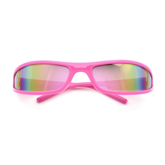 Retro Slit Thin Narrow Rectangle Curved Wrap Sport Plastic Sunglasses Pink - Pink Mirror