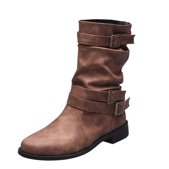 Retro Slouch Mid-Calf Riding Boots Wide Leg Casual Vintage Wide-Calf Pull On Booties Winter Comfort Wild Boot Shoes