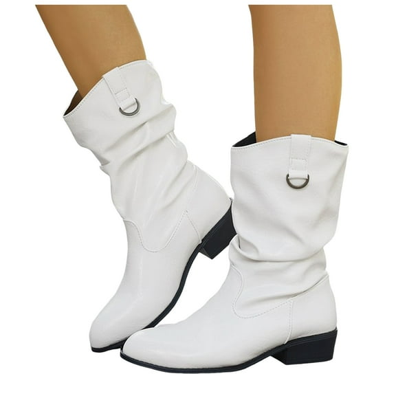 Retro Slouch Wide Mid Calf Boots for Women Ruched Leather Pointed Toe Chunky Low Heel Dress Short Booties White Size 7