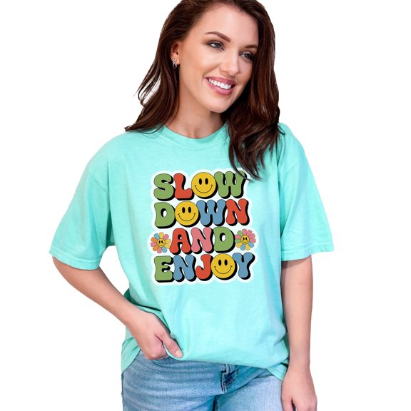 Retro Slow Down and Enjoy T-Shirt, Cute Smiley Face Tee, Vintage Flower Graphic Shirt, Positive Vibes Apparel, Fun Casual Wear, Chalky Mint Comfort Colors T-Shirt, 2XL