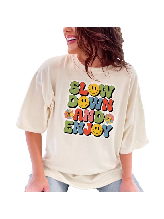 Retro Slow Down and Enjoy T-Shirt, Cute Smiley Face Tee, Vintage Flower Graphic Shirt, Positive Vibes Apparel, Fun Casual Wear, Ivory Comfort Colors T-Shirt, Small