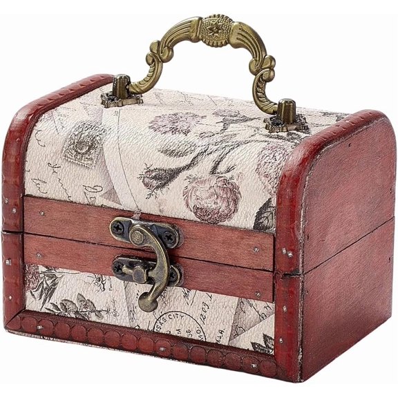 Retro Small Wooden Pirate Keepsake Box Vintage Treasure Chest Mini European Decorative PU Leather Jewelry Stroage Cases with Handle for Jewelry Pearl Trinkets Birthday Gifts diy