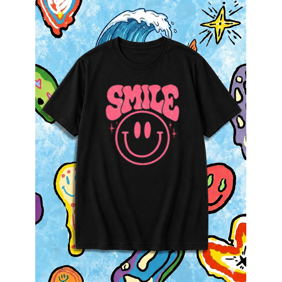 Retro Smile Face T-Shirt - Pink Smile Graphic Tee, for men & women, S-5XL
