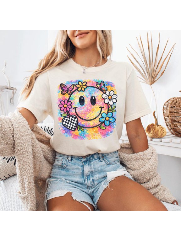 Retro Smiley Face, Colorful Happy Floral Aesthetic, Rainbow Everyday Casual T-Shirt