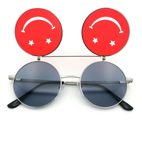 Retro Smiley Face Double Flip Up Round Circle Lens Hippie Sunglasses Silver - Black Red