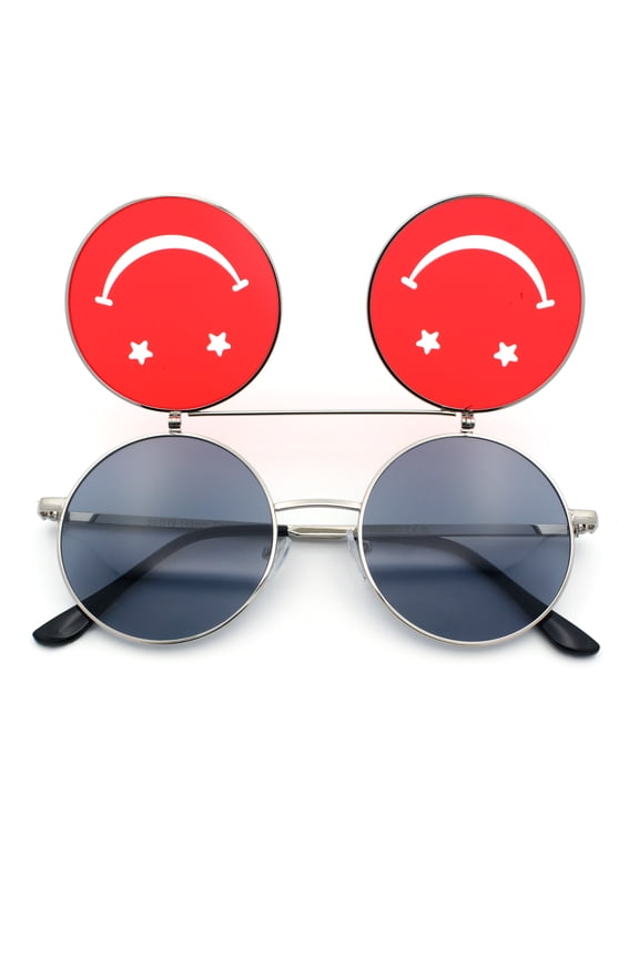 Retro Smiley Face Double Flip Up Round Circle Lens Hippie Sunglasses Silver - Black Red