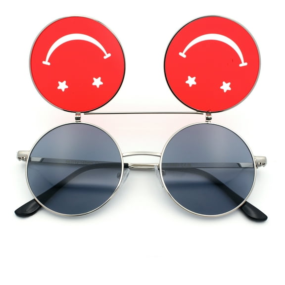 Retro Smiley Face Double Flip Up Round Circle Lens Hippie Sunglasses Silver - Black Red