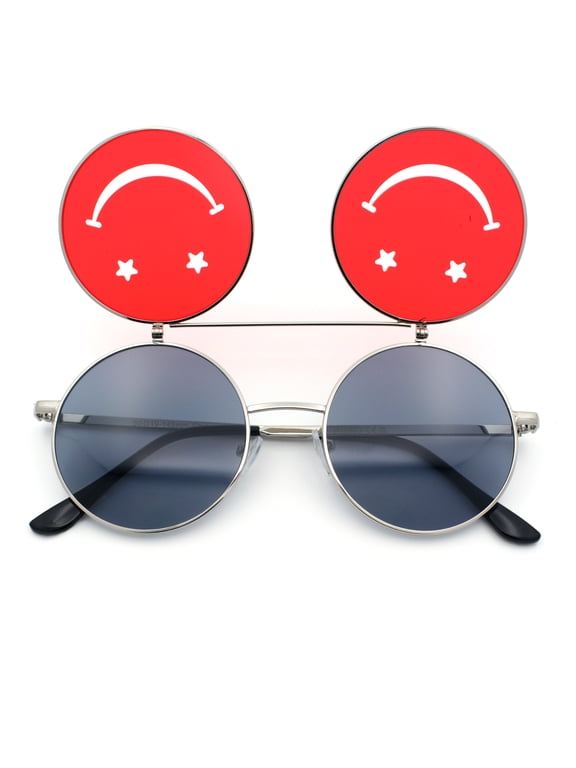 Retro Smiley Face Double Flip Up Round Circle Lens Hippie Sunglasses Silver - Black Red