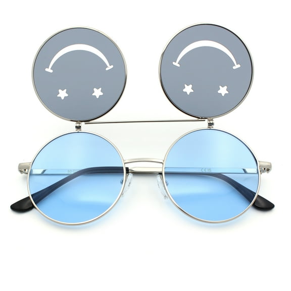Retro Smiley Face Double Flip Up Round Circle Lens Hippie Sunglasses Silver - Blue Black