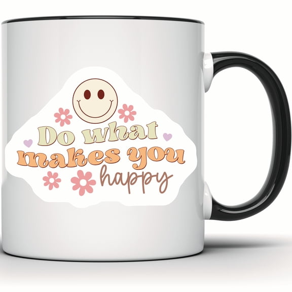 Retro Smiley Face Mug - Do What Makes You Happy - Flower Power Positive Affirmation Groovy Coffee Cup - 11 Ounce Black Rim Handle Novelty Coffee Cup - WMUG0629-Black Rim