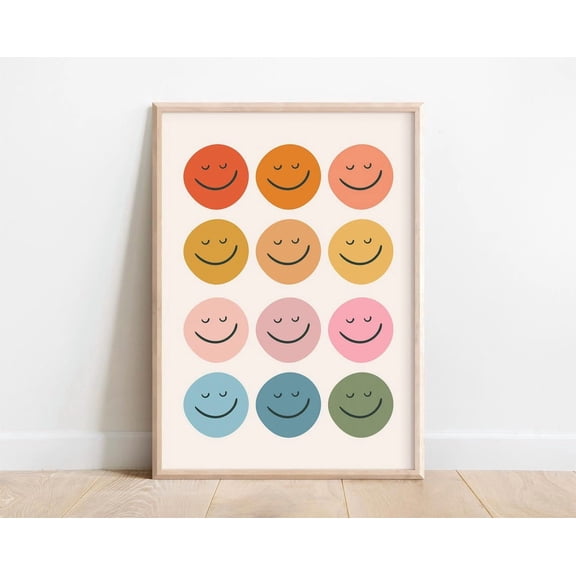 Retro Smiley Face Poster, Rainbow Playroom Wall Art, Unframed Paper Poster 24x36in