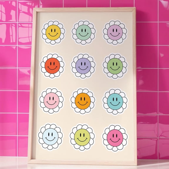 Retro Smiley Face Print, Flower Smiley Art, Girls Room Wall Art, Trendy Wall Art, Smiley Face Poster, Colorful Playroom Art, Y2K Wall Art Wall Art, Modern Wall Decor, 8x12 UNFRAMED