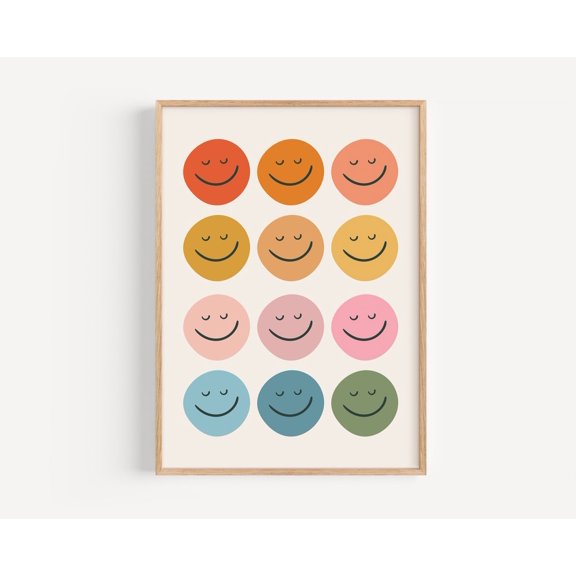 Retro Smiley Face Print Modern Playroom Art Boho Rainbow Unframed Paper Print