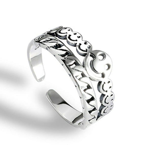 Retro Smiley Face Ring: Adjustable Copper Unisex Rings with 9mm Thickness, Thai Silver Style Fashion Jewelry