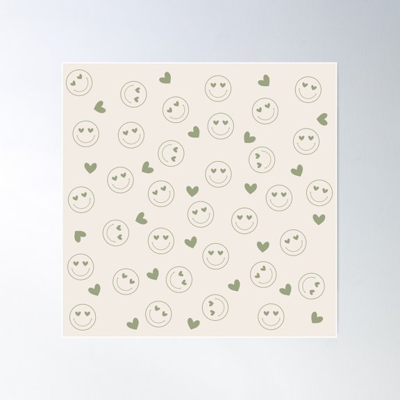 Retro Smiley Face Romantic Love Pattern In Beige & Sage Green Poster Wall Art, Modern Wall Decor For Living Room Bedroom, 24x24 UNFRAMED