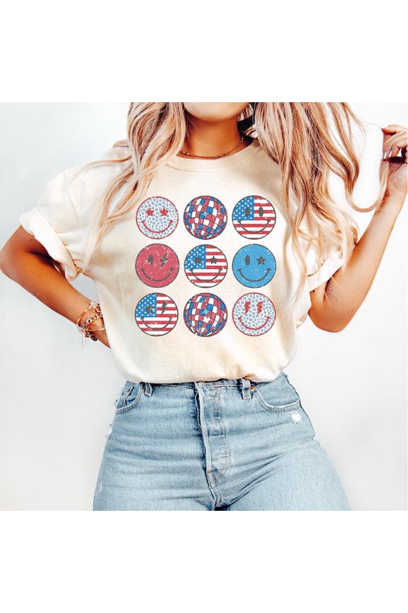 Retro Smiley Face USA Graphic Tee, Red White Blue Patriotic Design Comfort Colors Unisex Cotton T-Shirt, Size S-3XL