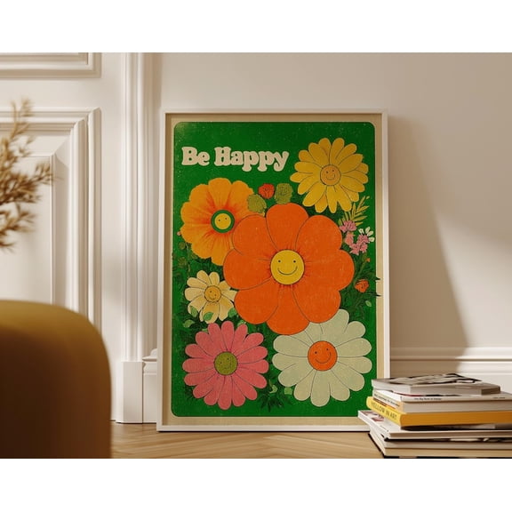 Retro Smiley Flower 70S Style Wall Art Print, Unframed Paper Poster 24x36in