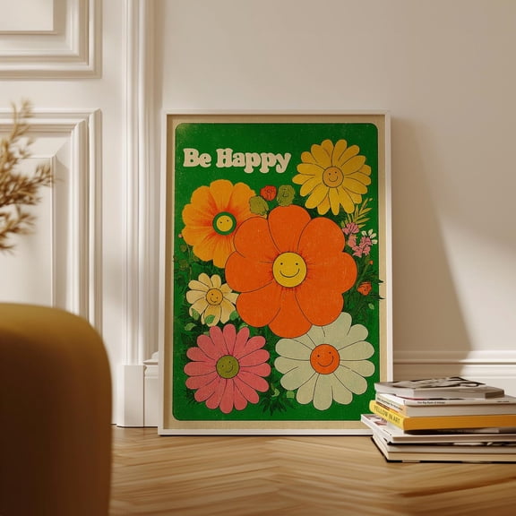 Retro Smiley Flower 70s-Style Illustration Wall Decor, Unframed Paper Poster 8x10in