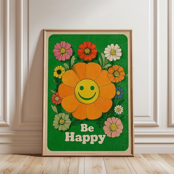 Retro Smiley Flower Poster, 70s-Style, Poster Only