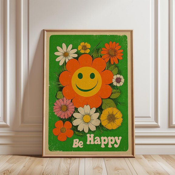 Retro Smiley Flower Poster 70sStyle Illustration 1