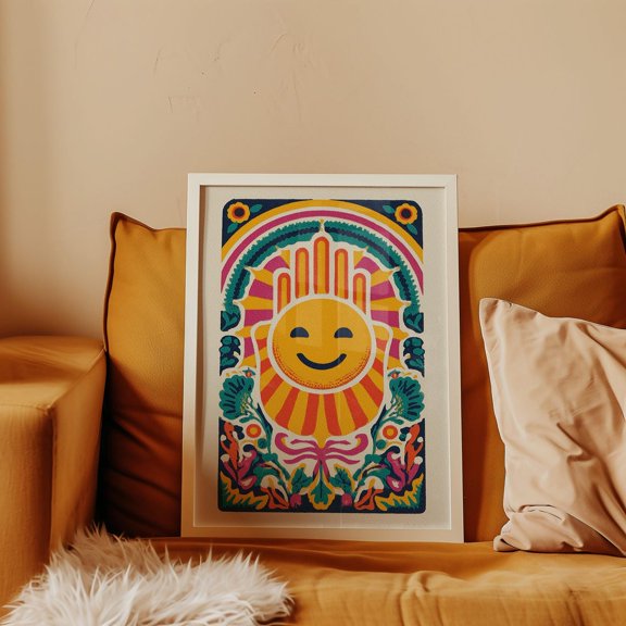Retro Smiley Sun Art Print Bohemian Home Decor, Unframed Paper Print