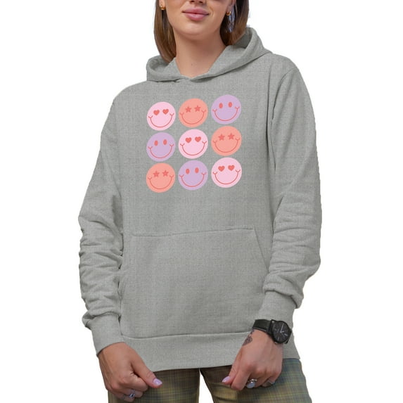 Retro Smiling Faces, Valentine's Day Art Merch Gift, Heather Grey Hooded Sweatshirt or Hoodie, Large