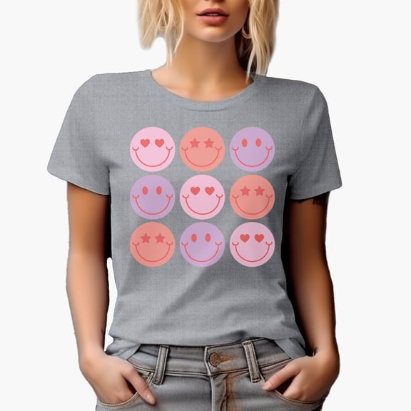 Retro Smiling Faces, Valentine's Day Art Merch Gift, Heather Grey T-Shirt, Large