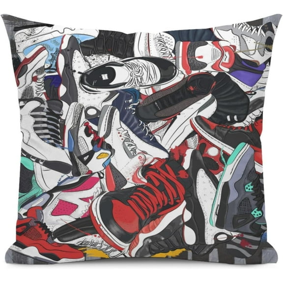 Retro Sneaker Pattern Throw Pillowcase with Hidden Zipper Cozy Soft Square Basketball Shoes Throw Pillow Covers for Couch Sofa Bed Living Room Home Decor 18"x18"