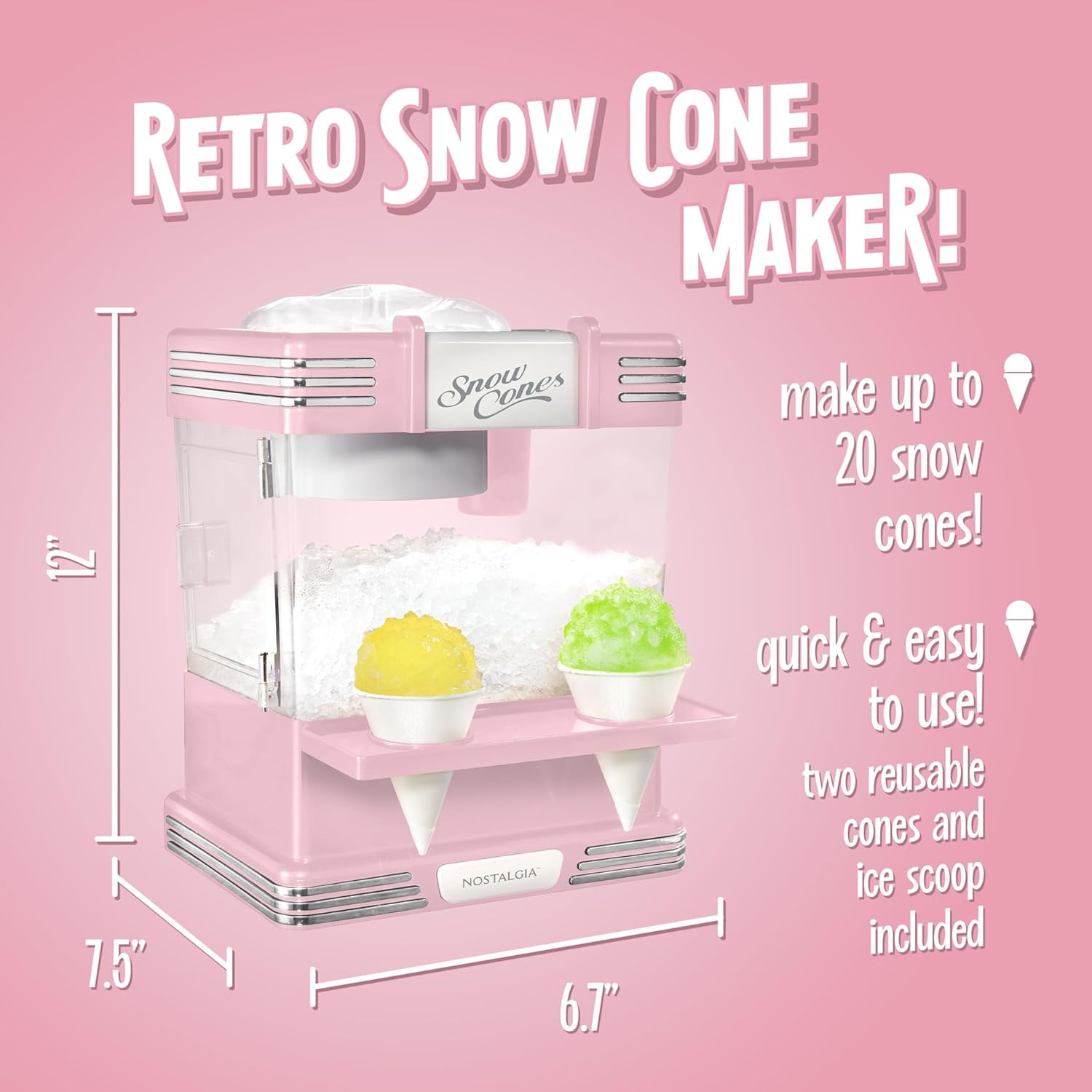 Retro Snow Cone Maker – Countertop 5-qt Shaved Ice  – Stainless Steel Blades – Includes 2 Reusable Cups, Ice Scoop, & Side Shelf – Pink