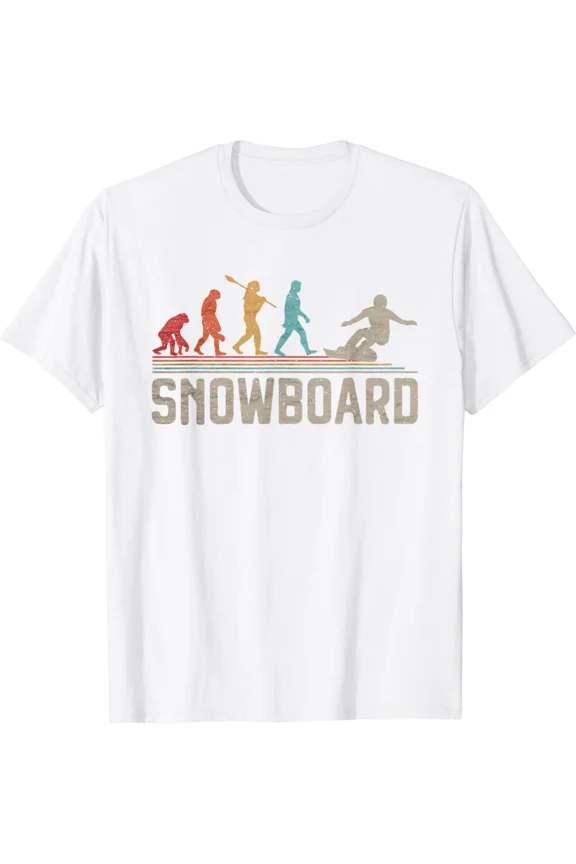 Retro Snowboarding Evolution Graphic Tee - Funny Winter Sports Vintage Style White T-Shirt for Men and Women - Distressed Evolution of Man Snowboarder Design
